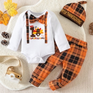 3 Stk Baby Drenge Langærmet Thanksgiving Romper Plaid Bukser Med Hat