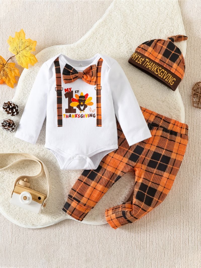 3 Stk Baby Drenge Langærmet Thanksgiving Romper Plaid Bukser Med Hat