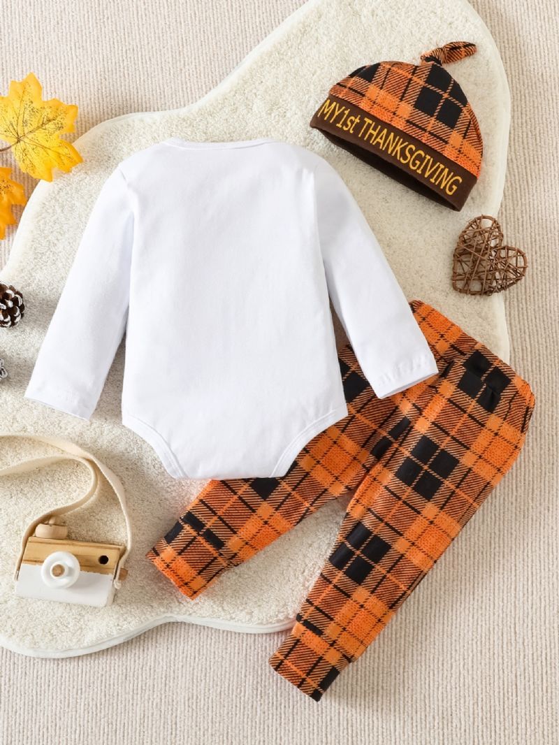 3 Stk Baby Drenge Langærmet Thanksgiving Romper Plaid Bukser Med Hat