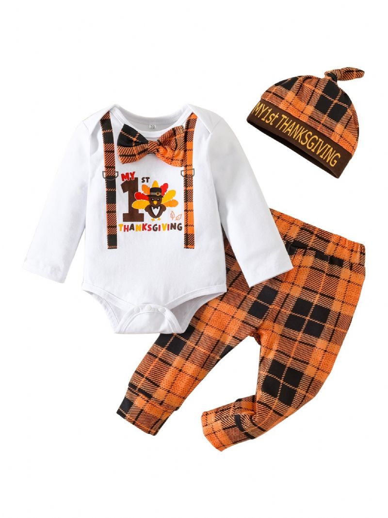 3 Stk Baby Drenge Langærmet Thanksgiving Romper Plaid Bukser Med Hat