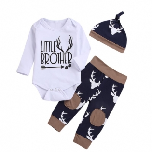 3 Stk Baby Drenge Romper Langærmet Elg Print Bodysuits & Bukser & Hatte Outfit Sæt