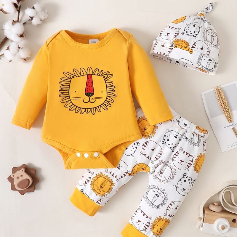 3 Stk Baby Drenge Romper Sæt Med Tegneserie Løve Print Sød Afslappet Rund Hals Langærmet Trøje & Bukser & Hatte Til Vinter