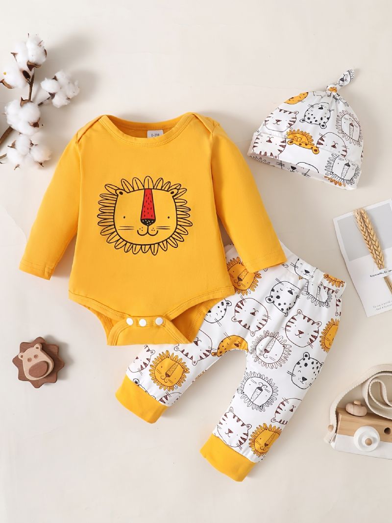 3 Stk Baby Drenge Romper Sæt Med Tegneserie Løve Print Sød Afslappet Rund Hals Langærmet Trøje & Bukser & Hatte Til Vinter