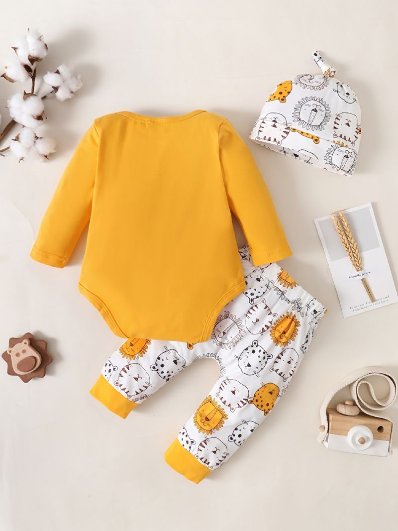 3 Stk Baby Drenge Romper Sæt Med Tegneserie Løve Print Sød Afslappet Rund Hals Langærmet Trøje & Bukser & Hatte Til Vinter
