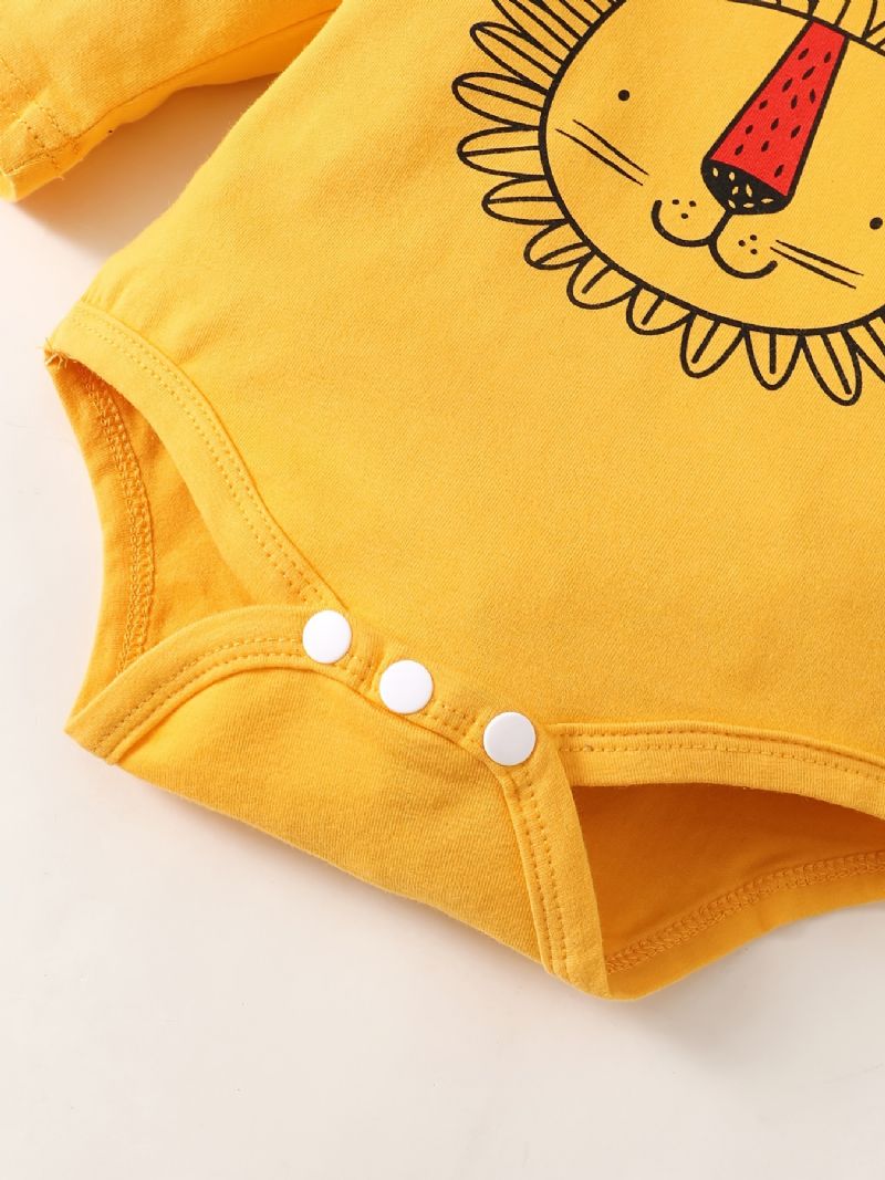3 Stk Baby Drenge Romper Sæt Med Tegneserie Løve Print Sød Afslappet Rund Hals Langærmet Trøje & Bukser & Hatte Til Vinter