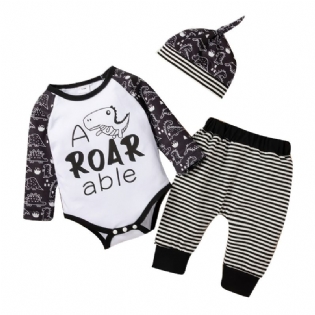 3 Stk Baby Romper Letter Dinosaur Print Langærmet Bodysuit & Stribede Bukser & Hatte Sæt Piger Drenge Børn Tøj
