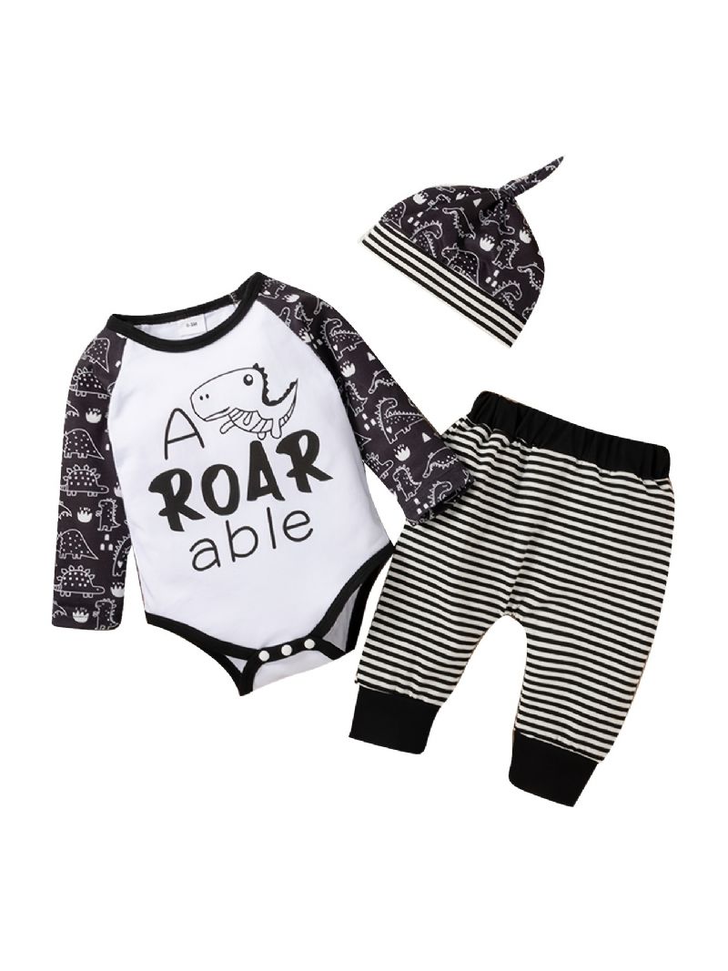 3 Stk Baby Romper Letter Dinosaur Print Langærmet Bodysuit & Stribede Bukser & Hatte Sæt Piger Drenge Børn Tøj