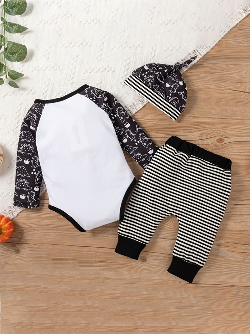 3 Stk Baby Romper Letter Dinosaur Print Langærmet Bodysuit & Stribede Bukser & Hatte Sæt Piger Drenge Børn Tøj