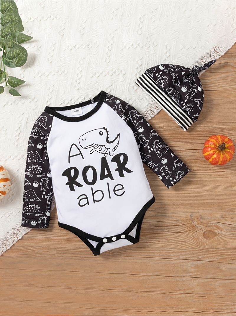 3 Stk Baby Romper Letter Dinosaur Print Langærmet Bodysuit & Stribede Bukser & Hatte Sæt Piger Drenge Børn Tøj