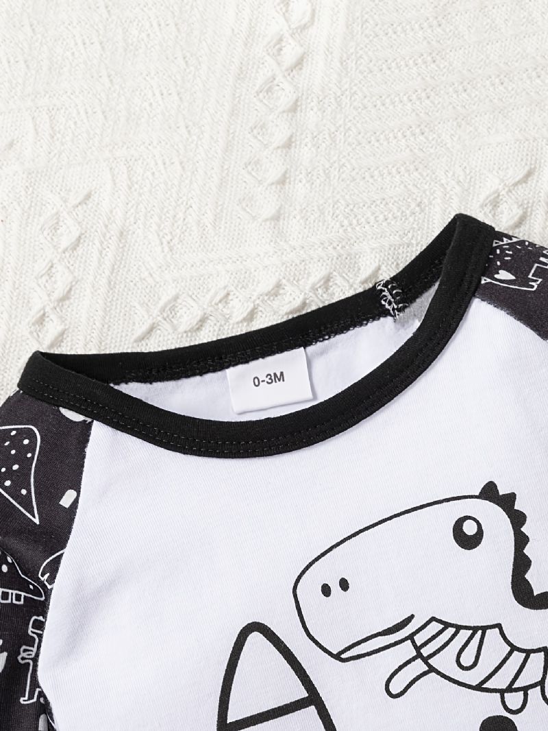 3 Stk Baby Romper Letter Dinosaur Print Langærmet Bodysuit & Stribede Bukser & Hatte Sæt Piger Drenge Børn Tøj