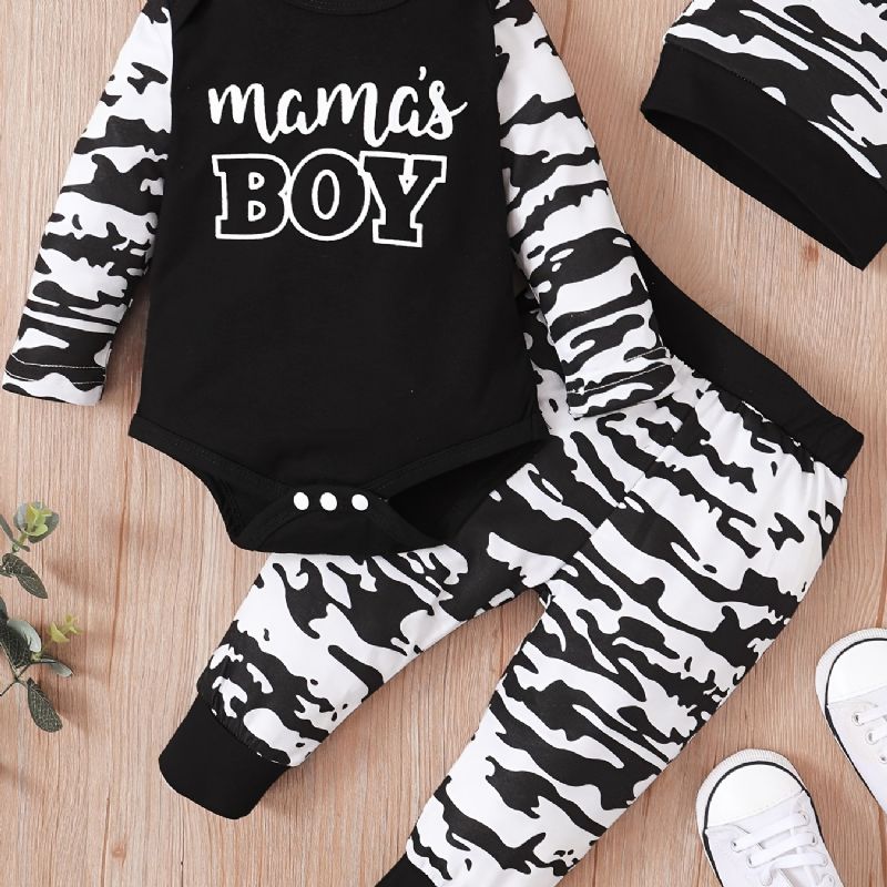 3 Stk Drenge Mama's Brevtryk Langærmet Onesie Romper Top Elastiske Taljebukser Med Hatte Sæt Tøj