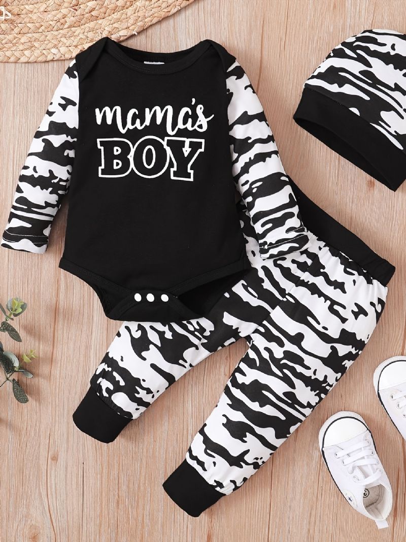 3 Stk Drenge Mama's Brevtryk Langærmet Onesie Romper Top Elastiske Taljebukser Med Hatte Sæt Tøj
