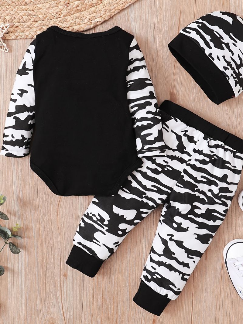 3 Stk Drenge Mama's Brevtryk Langærmet Onesie Romper Top Elastiske Taljebukser Med Hatte Sæt Tøj