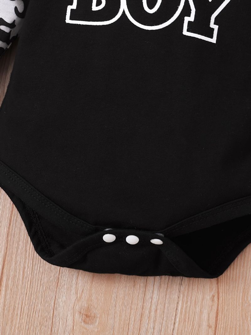 3 Stk Drenge Mama's Brevtryk Langærmet Onesie Romper Top Elastiske Taljebukser Med Hatte Sæt Tøj