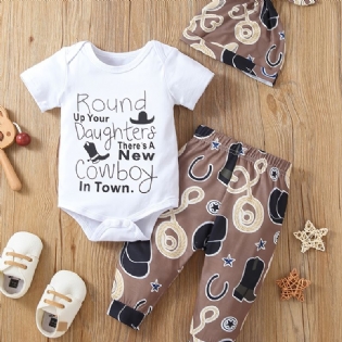 3 Stk Newborn Baby Drenge Cowdrenge Print Romper Sæt Med Sød Afslappet Rund Hals Kortærmet Bukser & & Hatte Til Vinter