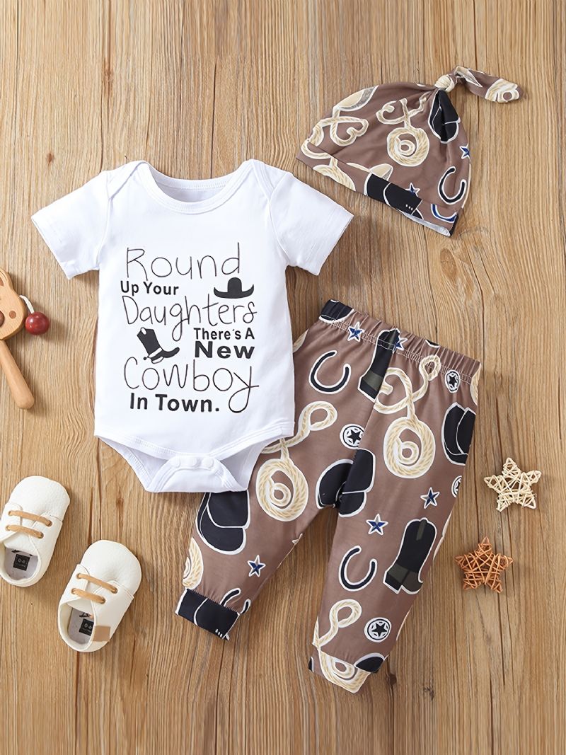 3 Stk Newborn Baby Drenge Cowdrenge Print Romper Sæt Med Sød Afslappet Rund Hals Kortærmet Bukser & & Hatte Til Vinter