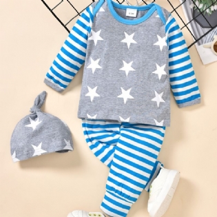 3 Stk Småbørn Baby Stripe Print Langærmet & Bukser & Hatte Sæt Til Drenge