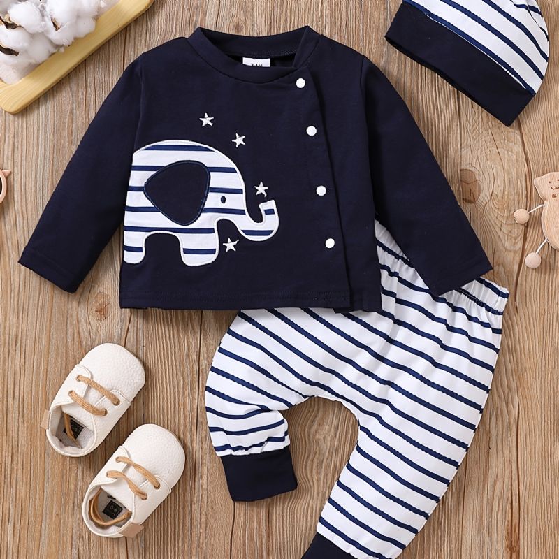 3 Stk. Spædbørn Småbørn Langærmet Elefant Broderet Pullover Top & Stribede Bukser & Hatte Sæt Til Baby Piger Drenge Børn Tøj