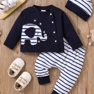 3 Stk. Spædbørn Småbørn Langærmet Elefant Broderet Pullover Top & Stribede Bukser & Hatte Sæt Til Baby Piger Drenge Børn Tøj