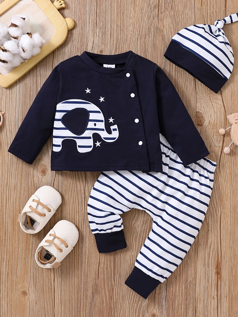 3 Stk. Spædbørn Småbørn Langærmet Elefant Broderet Pullover Top & Stribede Bukser & Hatte Sæt Til Baby Piger Drenge Børn Tøj