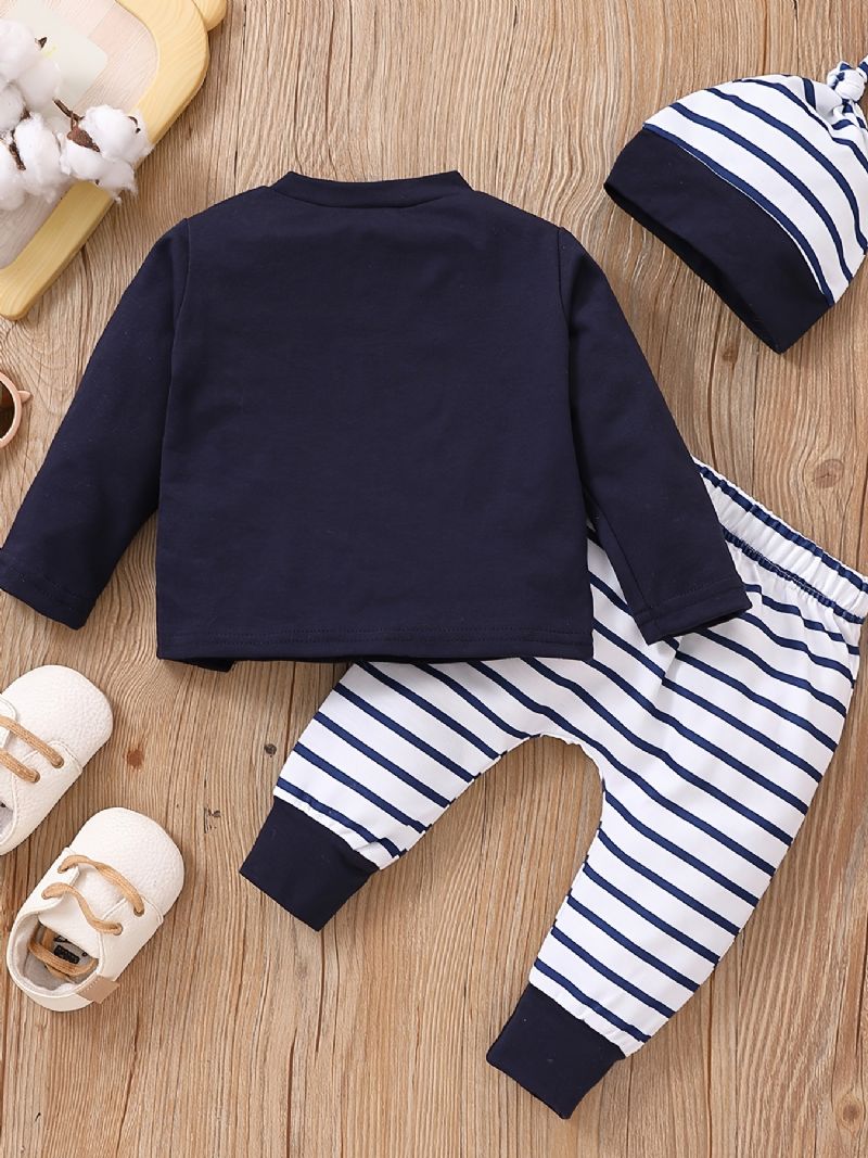 3 Stk. Spædbørn Småbørn Langærmet Elefant Broderet Pullover Top & Stribede Bukser & Hatte Sæt Til Baby Piger Drenge Børn Tøj