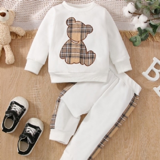 Baby Bear Print Langærmet Sweatshirt Patchwork Plaid Bukser Sæt Efterår Vinter