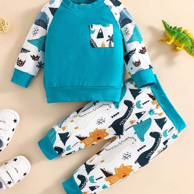 Baby Drenge Animal Tegneserie Print Langærmet Rund Hals Sweatshirt & Bukser Sæt