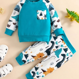 Baby Drenge Animal Tegneserie Print Langærmet Rund Hals Sweatshirt & Bukser Sæt