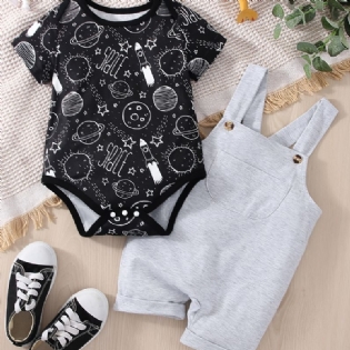 Baby Drenge Casual Planet Space Print Romper & Solid Bib Shorts Sæt