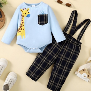 Baby Drenge Deer Print Bodysuit Onesie & Plaid Suspender Pants Set