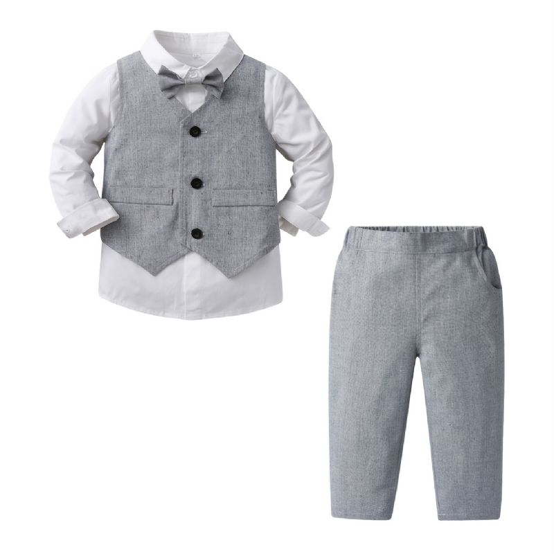 Baby Drenge Gentleman Outfit Langærmet Skjorte & Veste & Bukser Med Sløjfesæt