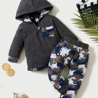 Baby Drenge Hættetrøje + Matchende Bukser Sæt Med Dinosaur Mønster Til Vinter Babytøj Outfit