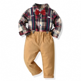 Baby Drenge Herre Outfit Formelt Jakkesæt Langærmet Plaid Skjorte Selebukser Butterfly Overalls Tøj Sæt