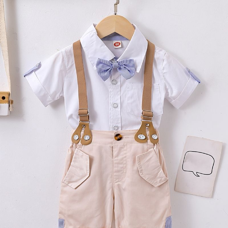 Baby Drenge Herre Outfit Kortærmet Bowtie Skjorte & Suspender Shorts Sæt Børnetøj