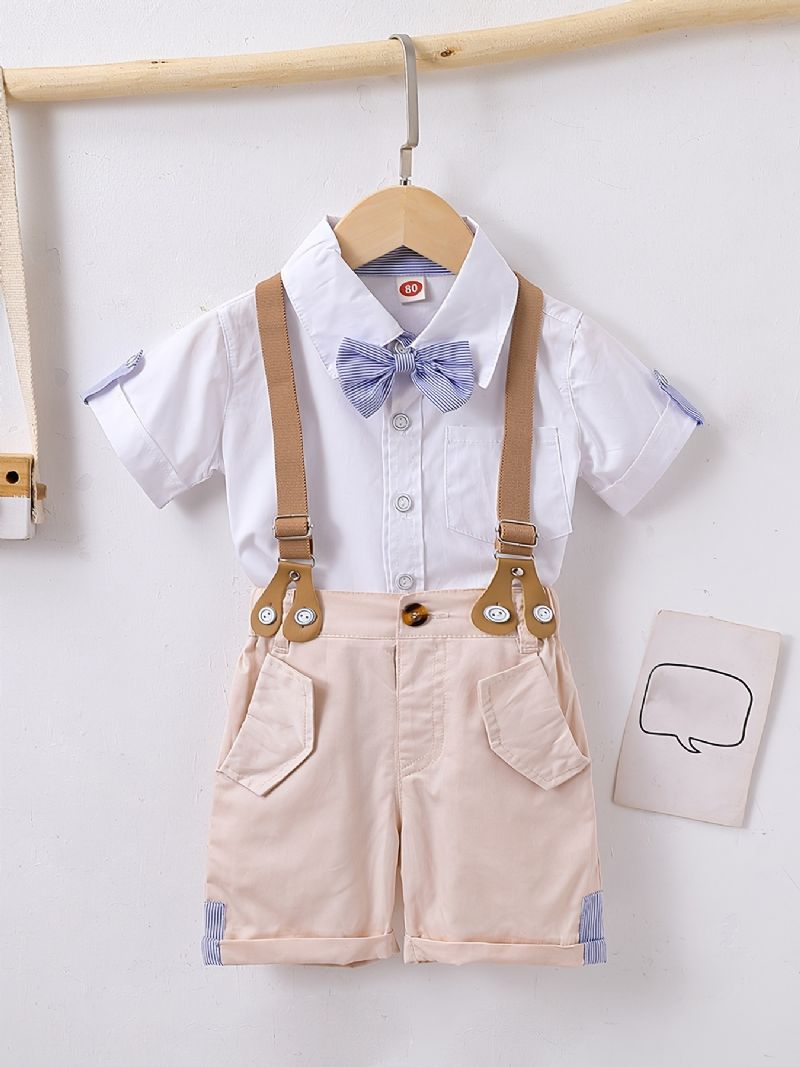 Baby Drenge Herre Outfit Kortærmet Bowtie Skjorte & Suspender Shorts Sæt Børnetøj