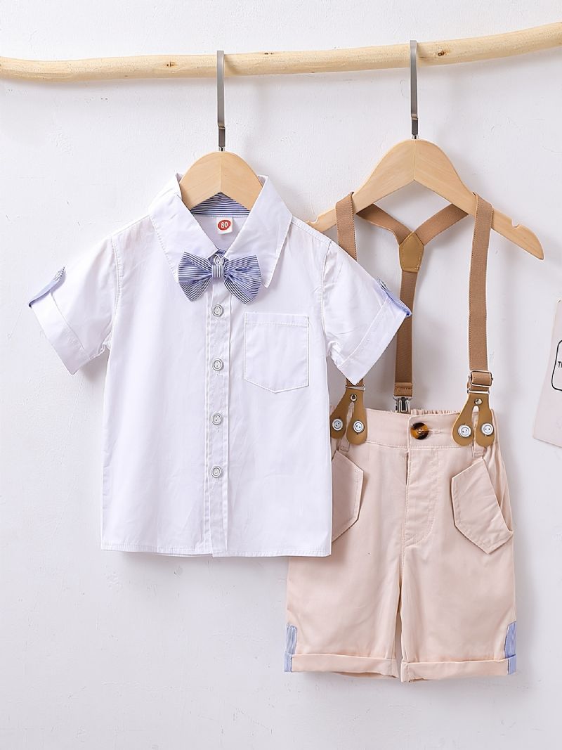 Baby Drenge Herre Outfit Kortærmet Bowtie Skjorte & Suspender Shorts Sæt Børnetøj