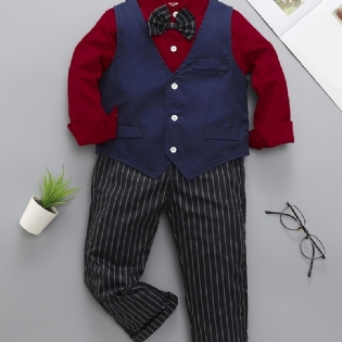 Baby Drenge Herre Outfit Langærmet Bowtie Skjorte & Veste Og Striber Bukser Sæt Børnetøj