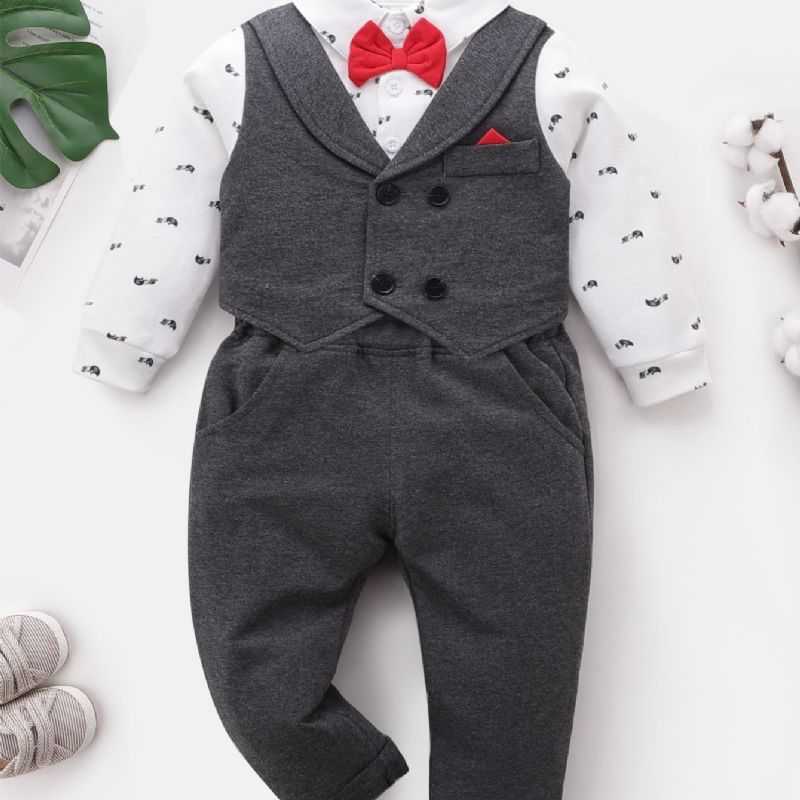 Baby Drenge Herre Outfit Langærmet Bowtie Splejsning Romper Bodysuit & Bukser Sæt Børnetøj