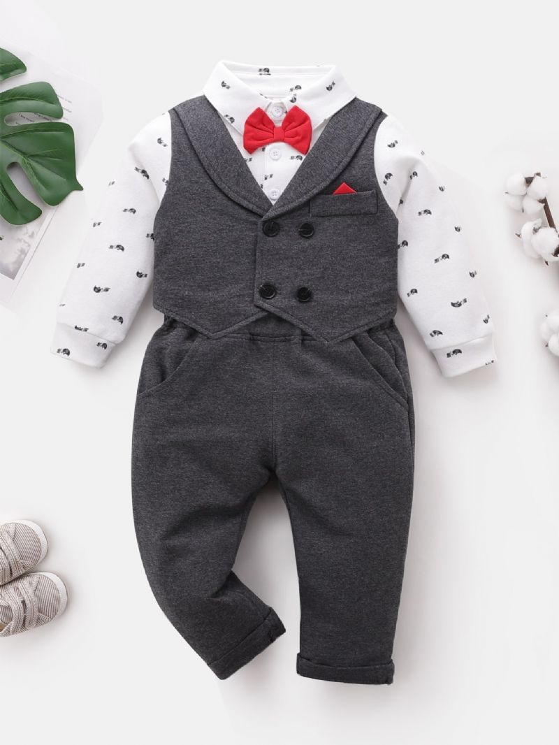 Baby Drenge Herre Outfit Langærmet Bowtie Splejsning Romper Bodysuit & Bukser Sæt Børnetøj