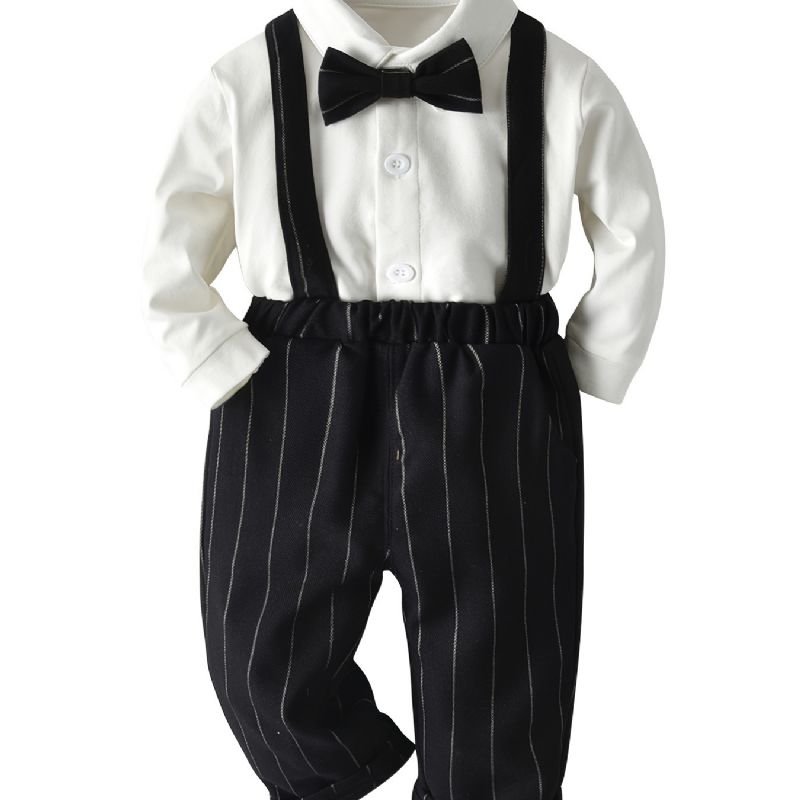 Baby Drenge Herre Outfit Langærmet Butterflyskjorte Og Lodret Stribet Selebuksesæt Børnetøj