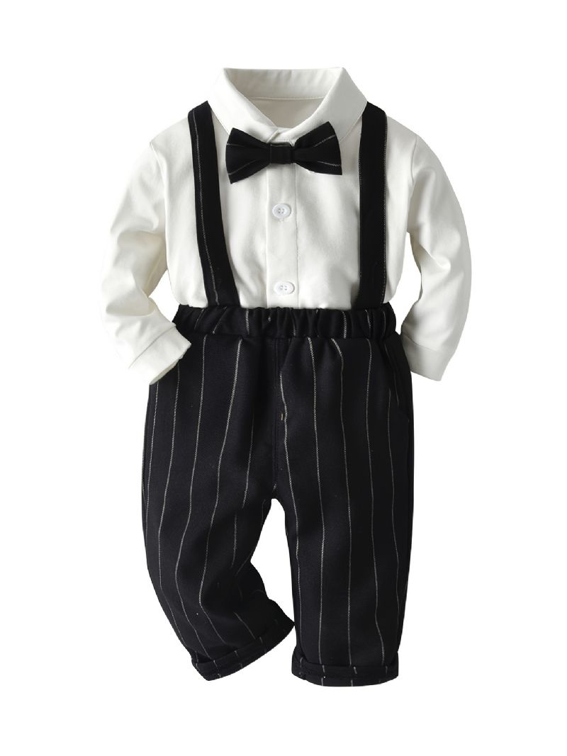 Baby Drenge Herre Outfit Langærmet Butterflyskjorte Og Lodret Stribet Selebuksesæt Børnetøj