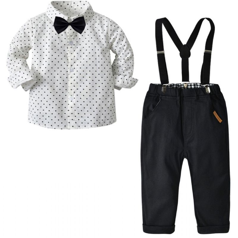 Baby Drenge Herre Outfit Langærmet Polkaprikket Skjorte Og Selebukser Med Sløjfe Sæt Børnetøj