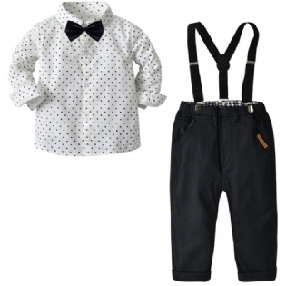 Baby Drenge Herre Outfit Langærmet Polkaprikket Skjorte Og Selebukser Med Sløjfe Sæt Børnetøj