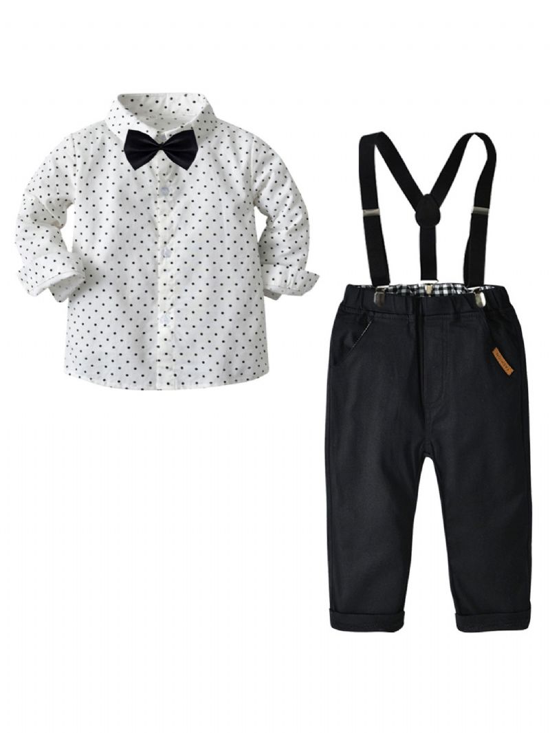 Baby Drenge Herre Outfit Langærmet Polkaprikket Skjorte Og Selebukser Med Sløjfe Sæt Børnetøj
