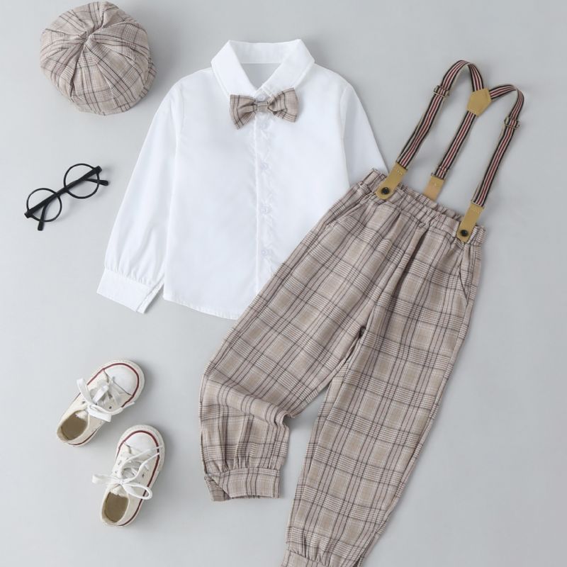Baby Drenge Herre Outfit Langærmet Skjorte Med Sløjfe Og Plaid Selebukser Sæt Børnetøj