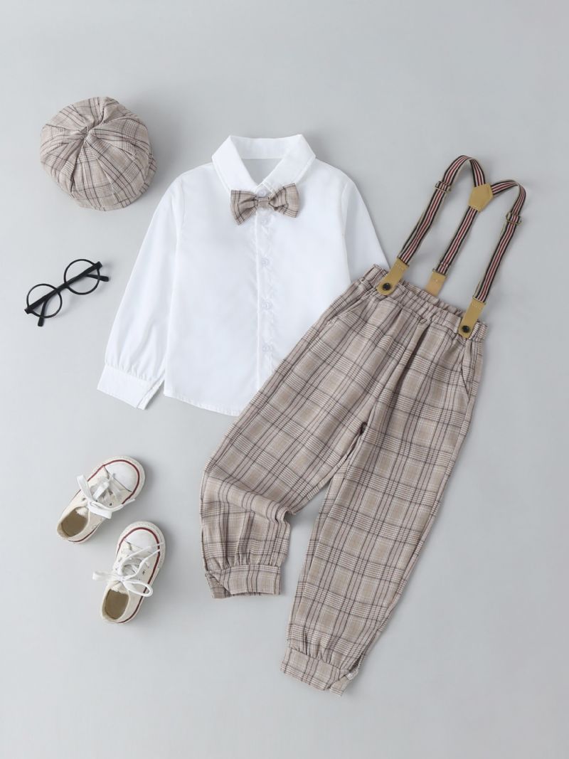 Baby Drenge Herre Outfit Langærmet Skjorte Med Sløjfe Og Plaid Selebukser Sæt Børnetøj