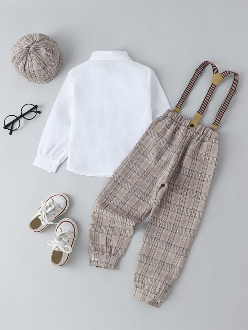 Baby Drenge Herre Outfit Langærmet Skjorte Med Sløjfe Og Plaid Selebukser Sæt Børnetøj