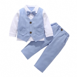 Baby Drenge Herre Outfit Langærmet Stribet Skjorte Med Sløjfedekor Og Stribe Bukser Sæt Til Bryllup