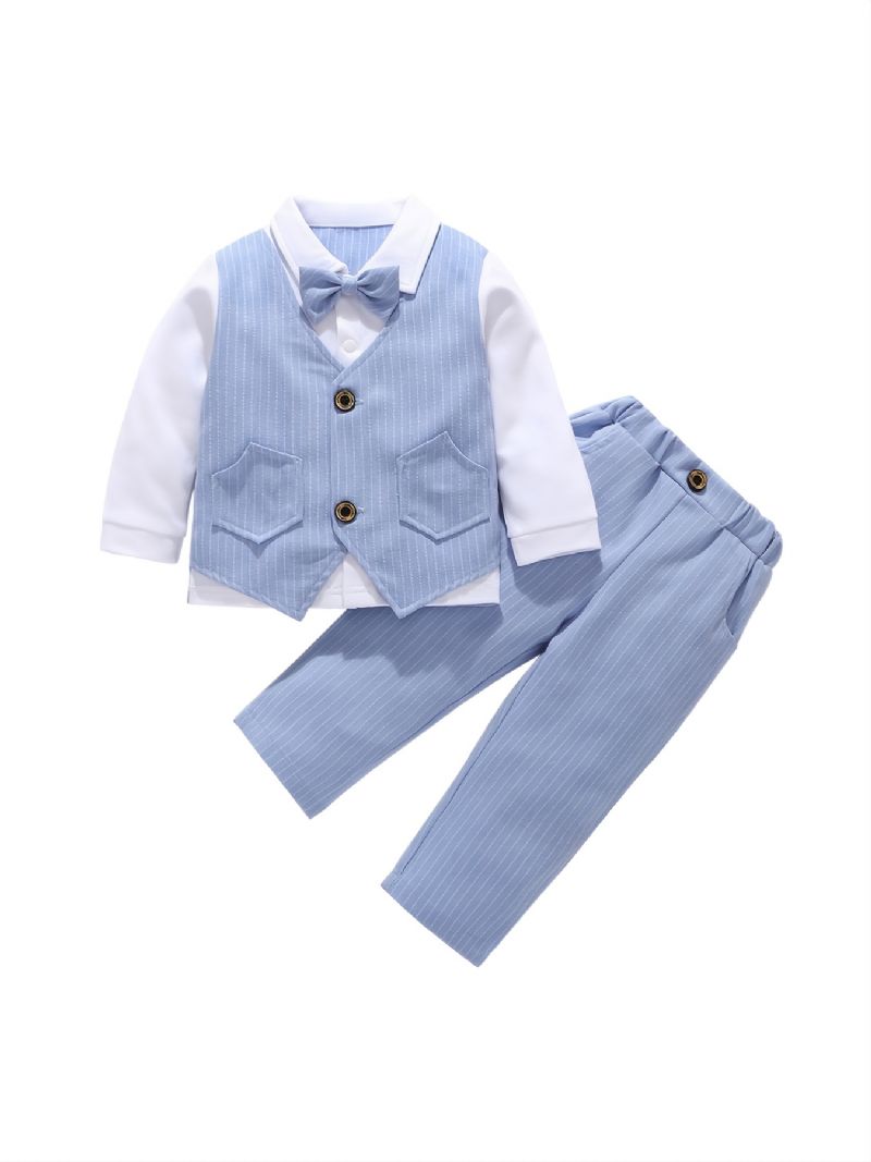 Baby Drenge Herre Outfit Langærmet Stribet Skjorte Med Sløjfedekor Og Stribe Bukser Sæt Til Bryllup