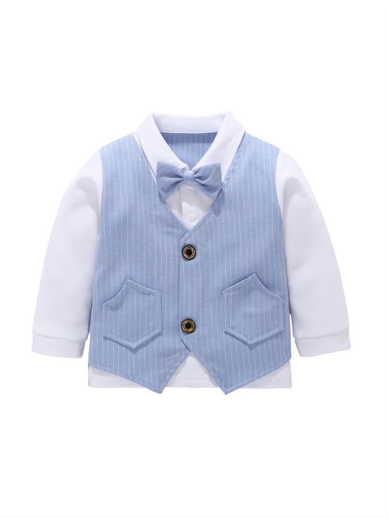 Baby Drenge Herre Outfit Langærmet Stribet Skjorte Med Sløjfedekor Og Stribe Bukser Sæt Til Bryllup